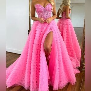 Sherri Hill pink lace corset ruffle ball gown